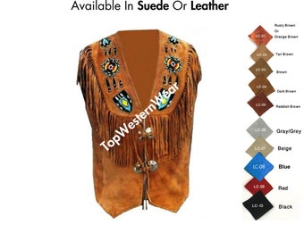 Men Women Brown Suede Fringes Vest With Beads | Southwestern Native American Indian |  Motorcycle Vest | Handmade | Waistcoat | SV8