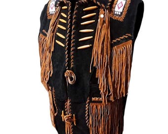Gilet in pelle scamosciata con frange fatto a mano / Gilet da motociclista in stile sud-occidentale con perline / Gilet da uomo in pelle scamosciata nera e marrone con frange e dettagli color osso, stile nativo