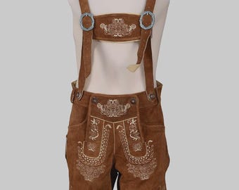 Męskie brązowe skórzane spodnie Lederhosen z szelkami z bawolej skóry, haftowane szorty Oktoberfest, bawarskie szorty Trachten z niemieckiej skóry