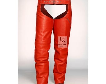 Men’s Red Leather Motorcycle Chaps – Bold Biker Riding Chaps with Belt & Zipper Pocket – Statement Moto Gear
