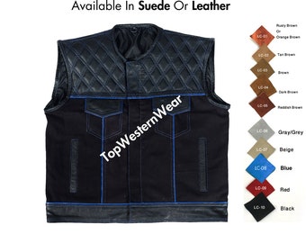 Men Hunt Club Vest | SOA Black Denim Leather Vest | Blue Quilted Diamond Stitch | 7 Pockets |Motorcycle Vest | Handmade | Waistcoat | SOA5