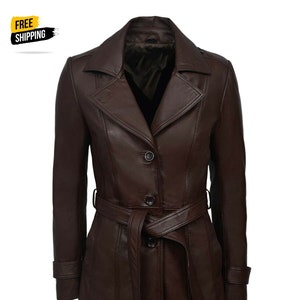 Women&#39;s Dark Brown Trench Belted Leather Coat