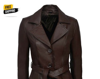 Women's Dark Brown Trench Belted Leather Coat