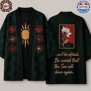 Unisex Sun Breathing Kimono Jacket  Anime Inspired Streetwear Haori with Element Symbols Hanafuda Back Art Japanese Oversized Kimono Coat