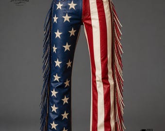 Pantaloni in pelle con frange e bandiera americana da uomo, pantaloni western da cowboy USA, abbigliamento patriottico, abbigliamento da festival, pantaloni in pelle da motociclista, completo rosso, bianco e blu