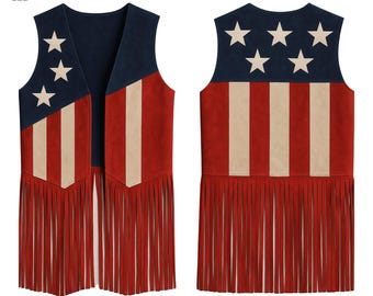 Chaleco con flecos de la bandera estadounidense, traje patriótico de gamuza para festivales del oeste, chaleco de rodeo con estrellas y rayas de EE. UU.