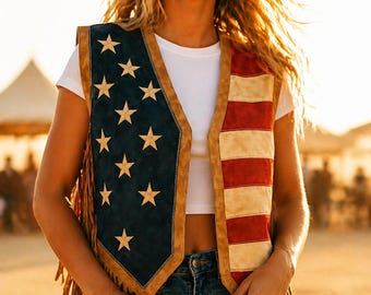 Leren vest met Amerikaanse vlag en franje voor dames | Handgemaakt patriottisch suède western cowgirl-vest | USA Stars and Stripes-festivaloutfit