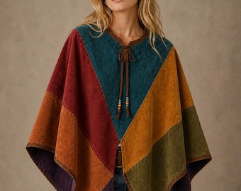 Colorful Suede Leather Poncho Women, Boho Western Cape, Patchwork Leather Shawl, Festival Outfit, Handmade Bohemian Cloak, Gift for Her