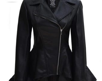 Women's Black Lambskin Leather Peplum Jacket: Asymmetrical Biker Style