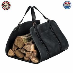 Handmade Black Leather Firewood Carrier: Rustic Log Holder Tote