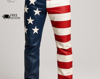 Leren broek Amerikaanse vlag Broek Amerikaanse vlag Leren patriottische broek Broek met sterren en strepen Streetwear leren broek Statementbroek heren