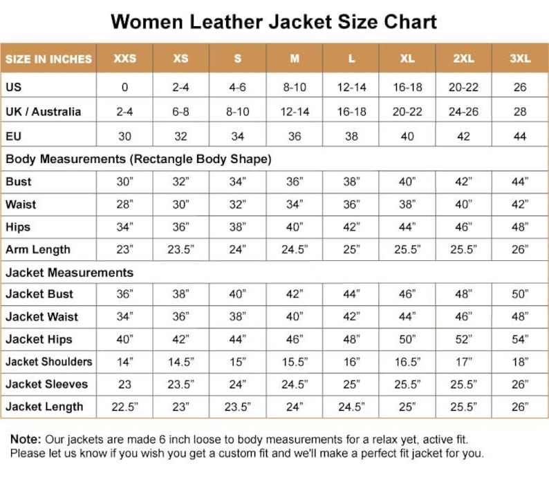 May include: A size chart for women's leather jackets, displaying measurements in inches. Includes US, UK/Australia, and EU sizes, along with body and jacket measurements such as bust, waist, hips, arm length, shoulders, sleeves, and jacket length.