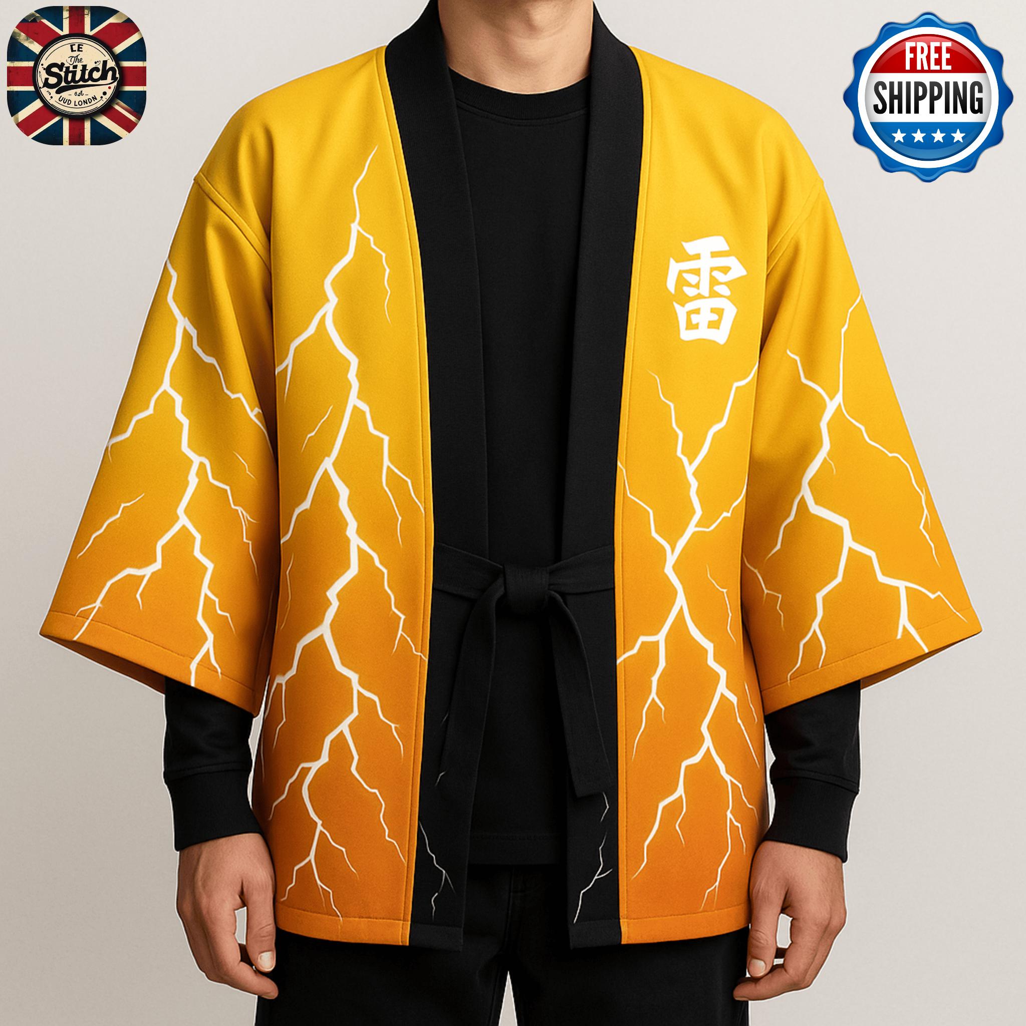 Zenitsu Thunder Kimono Jacket, Lightning Print, Japanese Haori