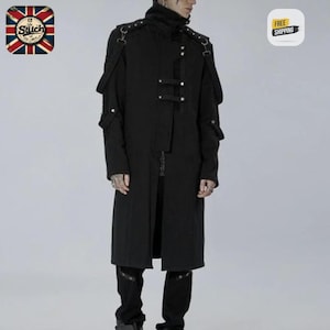 Men&#39;s Black Gothic Pirate Coat: Handmade Copper Button Jacket