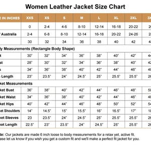 Op de afbeelding: Een maattabel voor leren jassen met een bruine koptekst getiteld Women Leather Jacket Size Chart. De tabel toont Amerikaanse, Britse, Australische en EU-maten, lichaamsmaten voor een rechthoekig lichaamstype en jasmaten in inches voor XXS tot 3XL.