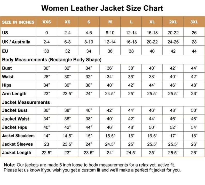 Op de afbeelding: Een maattabel voor leren jassen met een bruine koptekst getiteld Women Leather Jacket Size Chart. De tabel toont Amerikaanse, Britse, Australische en EU-maten, lichaamsmaten voor een rechthoekig lichaamstype en jasmaten in inches voor XXS tot 3XL.