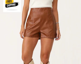 Short taille haute en cuir pour femme