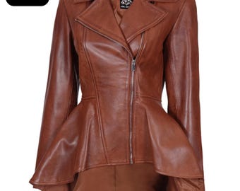 Women's Cognac Brown Leather Peplum Jacket Valentine gift casual wear