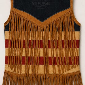 Op de afbeelding: Een mouwloos vest met een zwart bovengedeelte met de in reli&euml;f aangebrachte tekst STITCHGB LEATHER en een bergafbeelding. Het onderste gedeelte heeft horizontale beige en rode strepen, geaccentueerd door lange beige franjes aan de zoom.