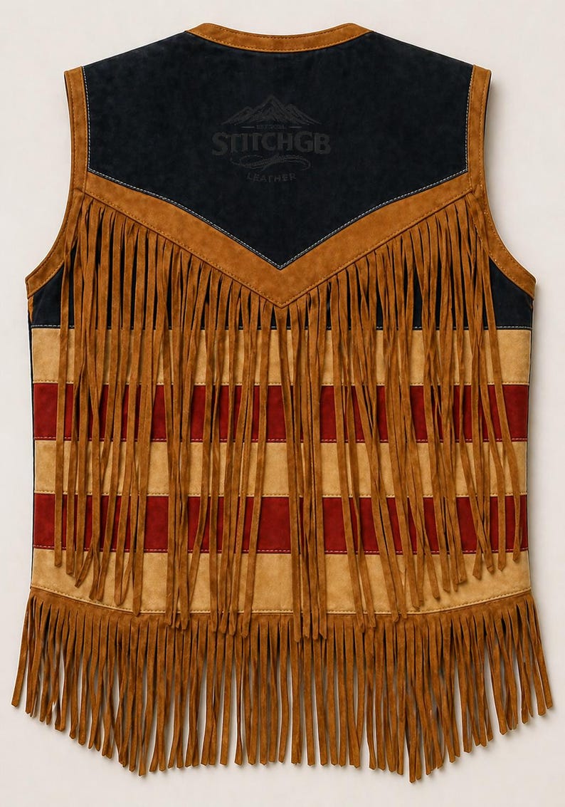 Op de afbeelding: Een mouwloos vest met een zwart bovengedeelte met de in reli&euml;f aangebrachte tekst STITCHGB LEATHER en een bergafbeelding. Het onderste gedeelte heeft horizontale beige en rode strepen, geaccentueerd door lange beige franjes aan de zoom.