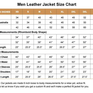 Op de afbeelding: Een maattabel voor leren jassen met een overzicht van Amerikaanse, Britse, Australische en EU-maten van XS tot 4XL. Het bevat lichaamsmaten voor borst, taille en armlengte, plus jasmaten voor borstomvang, tailleomvang, mouwen, schouders en lengte.
