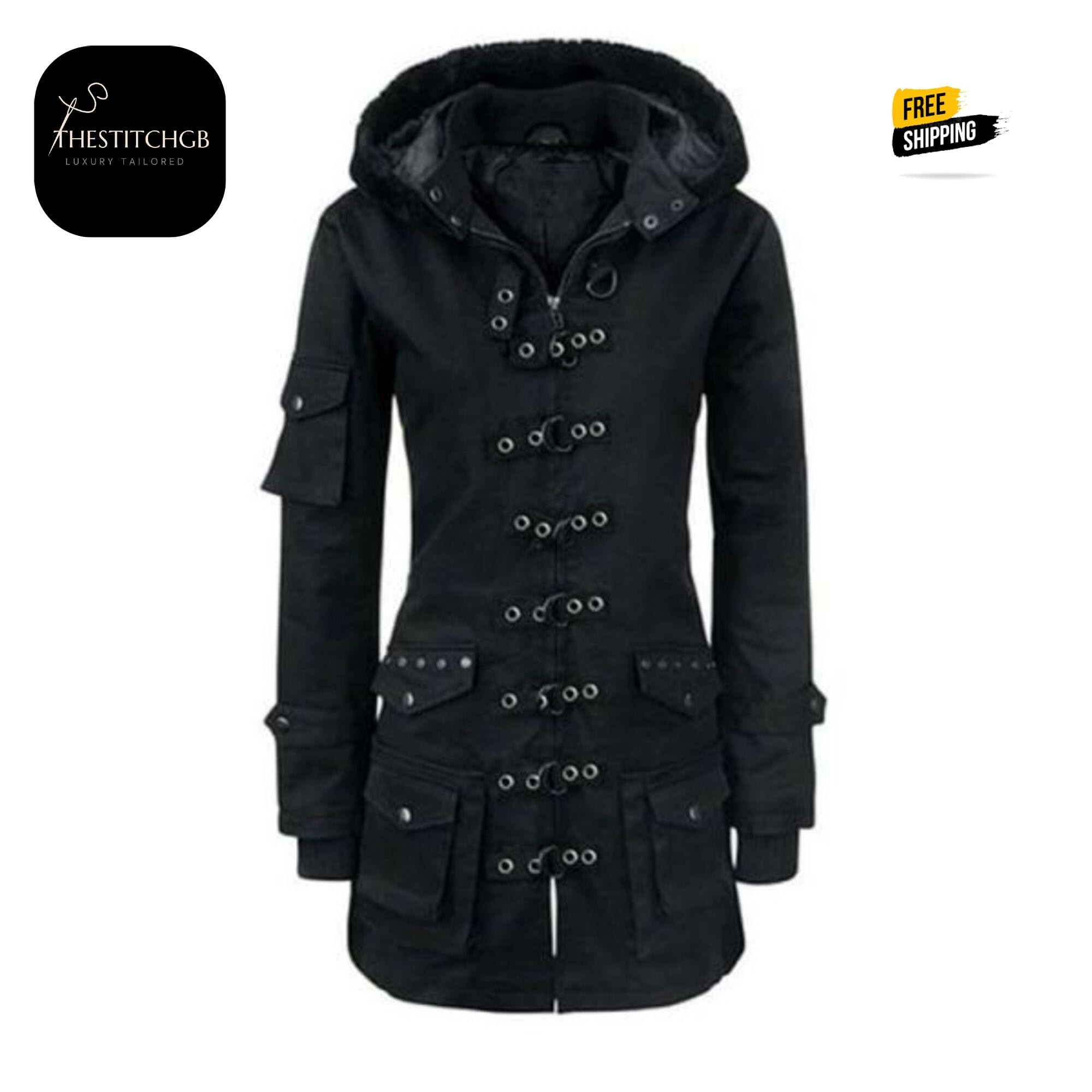 Abrigo gótico de invierno para mujer: prenda exterior multicapa con bolsillos
