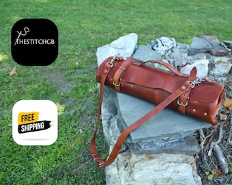 Handmade Leather Chef Knife Roll: Rustic Culinary Tool Storage