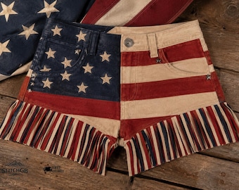 Denimshort met Amerikaanse vlag en franje 4 juli patriottische outfit voor vrouwen Western Country Festival hoog getailleerde leren shorts met ruches