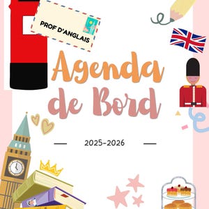 May include: A colorful planner cover with British-themed illustrations. Features a red mailbox, Big Ben, a Union Jack flag, and a stack of books. The text "Agenda de Bord 2025-2026" is displayed prominently.