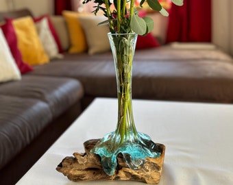 Vase root wood, vase on root, flower vase, glass flower vase, vase, vase glass, flowers aesthetic, living room, decoration natural