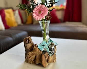 Vase root wood, vase on root, flowers aesthetic, glass flower vase, decoration, living room decoration, delicate