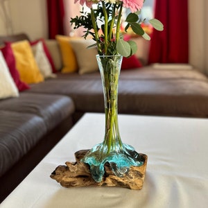 Vase root wood, vase on root, flower vase, glass flower vase, vase, vase glass, flowers aesthetic, living room, decoration natural