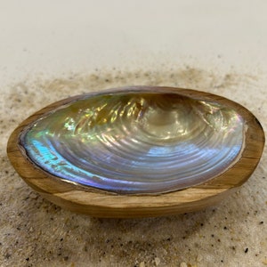 Peut inclure: Un bol en bois fait à la main avec une finition brun clair. L'intérieur du bol présente un coquillage irisé et chatoyant, affichant des teintes de bleu, de vert et d'or. Le bol repose sur une surface sablonneuse.