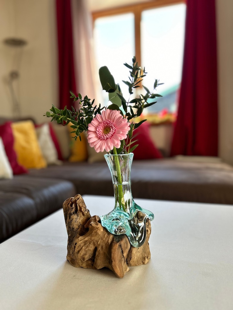 Vase Wurzelholz, Vase auf Wurzel, Blumen Ästhetisch, Glas Blumenvase, Deko, Wohnzimmer Dekoration, Zierlich Bild 1