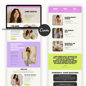 May include: A digital website design template for Lumi Social featuring a laptop screen and a mobile layout. The design uses a color palette of cream, lavender, and lime green with bold black typography, flower-shaped image frames, and testimonials.