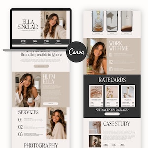 May include: A digital media kit template featuring a neutral color palette with black and white text. The layout includes sections for a professional biography, service offerings, rate cards, and case studies, all displayed on a laptop screen and mobile view.