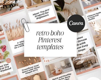 Plantillas Boho para Pinterest en Canva, Plantillas Retro para Pin, Kit de Marketing para Pinterest, Plantillas para Redes Sociales en Canva, Paquete de Pins para Blogger