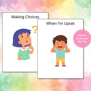 Może przedstawiać: Dwie karty do wydrukowania z ilustracjami dzieci. Pierwsza karta przedstawia dziewczynkę, która myśli z pytajnikiem nad głową i tekstem "Making Choices". Druga karta przedstawia chłopca, który płacze z tekstem "When I'm Upset".
