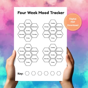 以下が含まれることがあります： 「Four Week Mood Tracker」というタイトルの白い印刷可能な気分トラッカー。デザインには、曜日が記載された4つの六角形のチャートが含まれています。「Digital PDF Download」ステッカーが右上隅にあります。