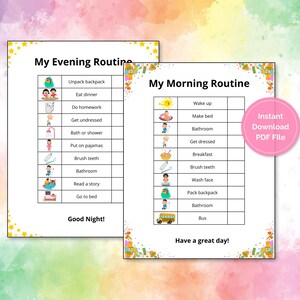 Puede incluir: Dos gráficos coloridos con ilustraciones y texto que describen una rutina matutina y una rutina vespertina para niños. La rutina matutina incluye actividades como despertarse, hacer la cama, vestirse y desayunar. La rutina vespertina incluye actividades como desempacar una mochila, cenar, hacer la tarea y acostarse. Los gráficos tienen el texto "Mi rutina matutina" y "Mi rutina vespertina" en la parte superior.
