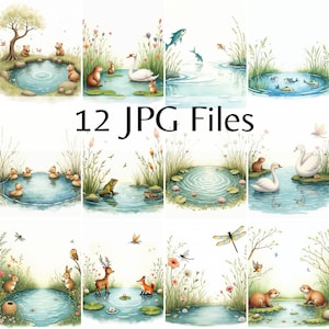 Könnte beinhalten: Zwölf digitale Illustrationen eines Teichs mit verschiedenen Tieren und Pflanzen. Die Illustrationen zeigen eine Vielzahl von Tieren, darunter Enten, Frösche, Hirsche, Kaninchen und Otter. Der Teich ist von üppigem Grün und Blumen umgeben.