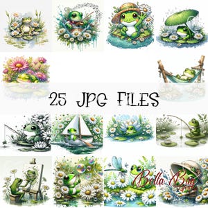 May include: A set of 25 digital illustrations featuring cute green frogs in various whimsical settings. The frogs are depicted in activities like fishing, playing music, sailing, and relaxing in a hammock. The illustrations are perfect for adding a touch of whimsy to any project.