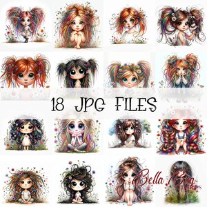 May include: A set of 18 digital illustrations featuring colorful cartoon girls with whimsical hairstyles and floral accents. The images are labeled "18 JPG FILES" and "Bella Bug Images".