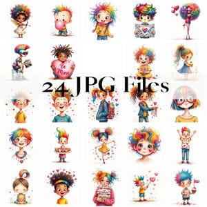 May include: A set of 24 digital illustrations featuring colorful cartoon characters with rainbow hair. Each character is unique and has a different expression and pose. The illustrations are perfect for use in a variety of creative projects, such as scrapbooking, card making, and digital design.