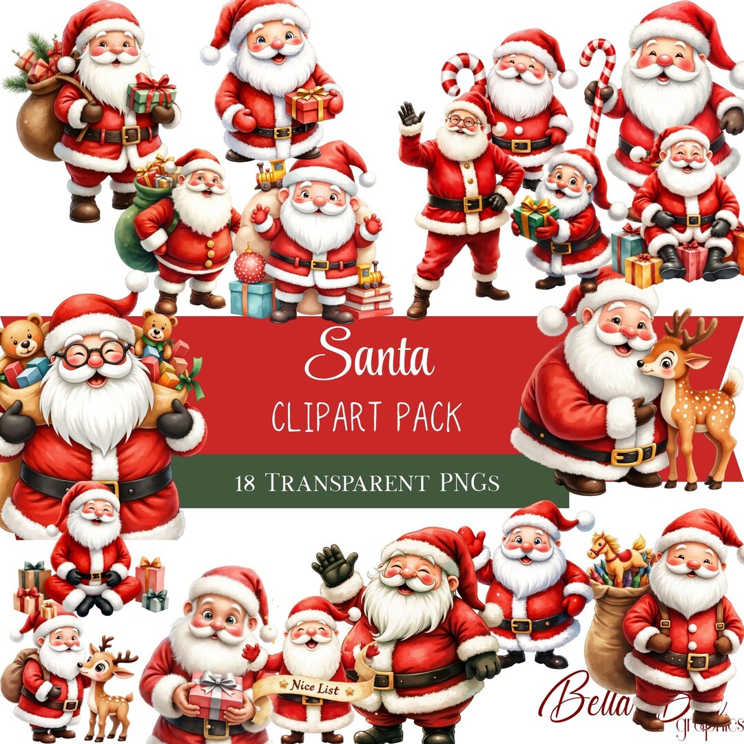 Santa Claus Clipart Bundle | 18 PNG Transparent Background | Christmas ...