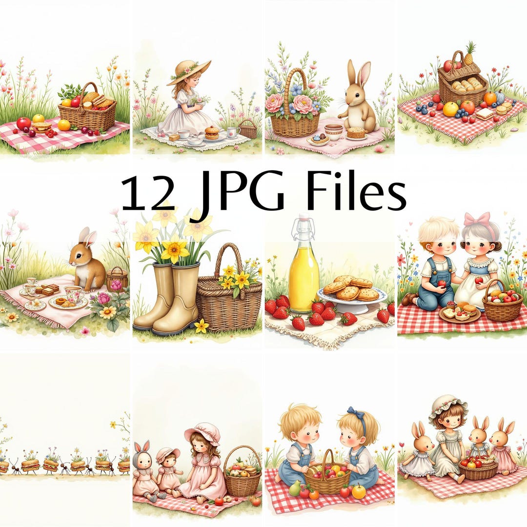 Spring Picnic Graphics Spring Picnic Clipart: Watercolor Picnic Scenes (JPG Files) - Etsy
