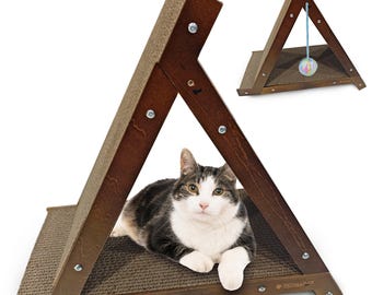 May include: A brown wooden cat scratcher in an A-frame design with a cat inside. The scratcher has a textured surface and is held together with silver bolts. A smaller version of the scratcher with a hanging toy is in the background.