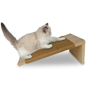 May include: A light-colored cat on a wooden cat scratcher. The scratcher has a brown rope surface and a wooden frame. The cat is light brown and white, with its paws extended on the scratcher.
