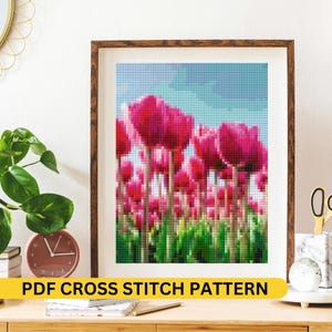 Fuchsia Tulip Field Cross Stitch Pattern PDF file Floral Digital Cross Stitch PDF Unique Embroidery Pattern Thoughtful Handmade Gift for Her
