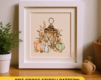 Autumn Lantern Cross Stitch Pattern PDF – Cozy Fall Decor with Pumpkins, Gourds & Leaves – Instant Download Embroidery Design